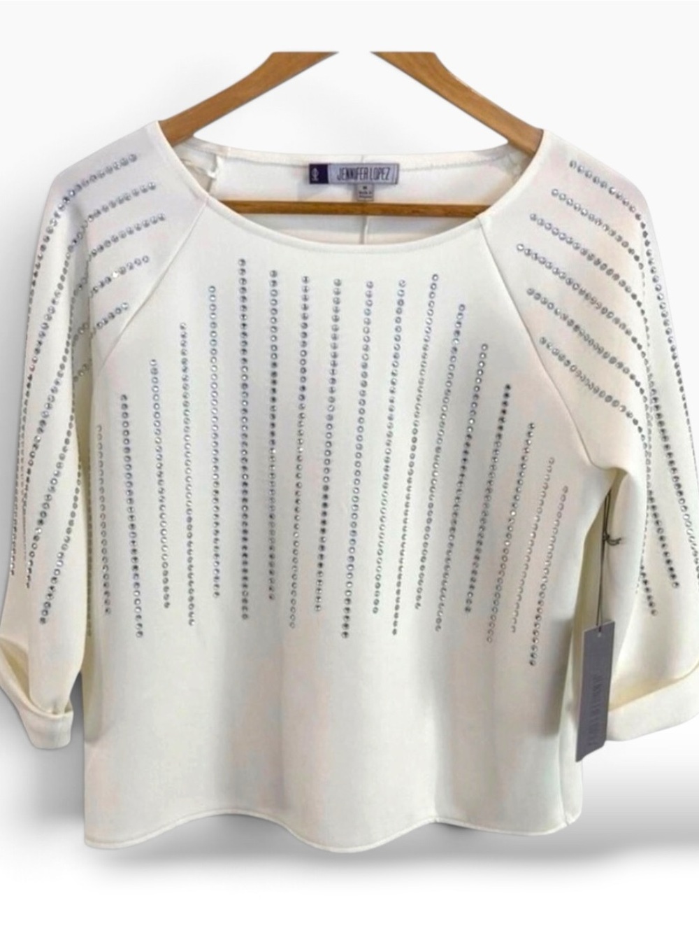 Jennifer Lopez ice angel top crystal embellished NWT white silky blouse medium